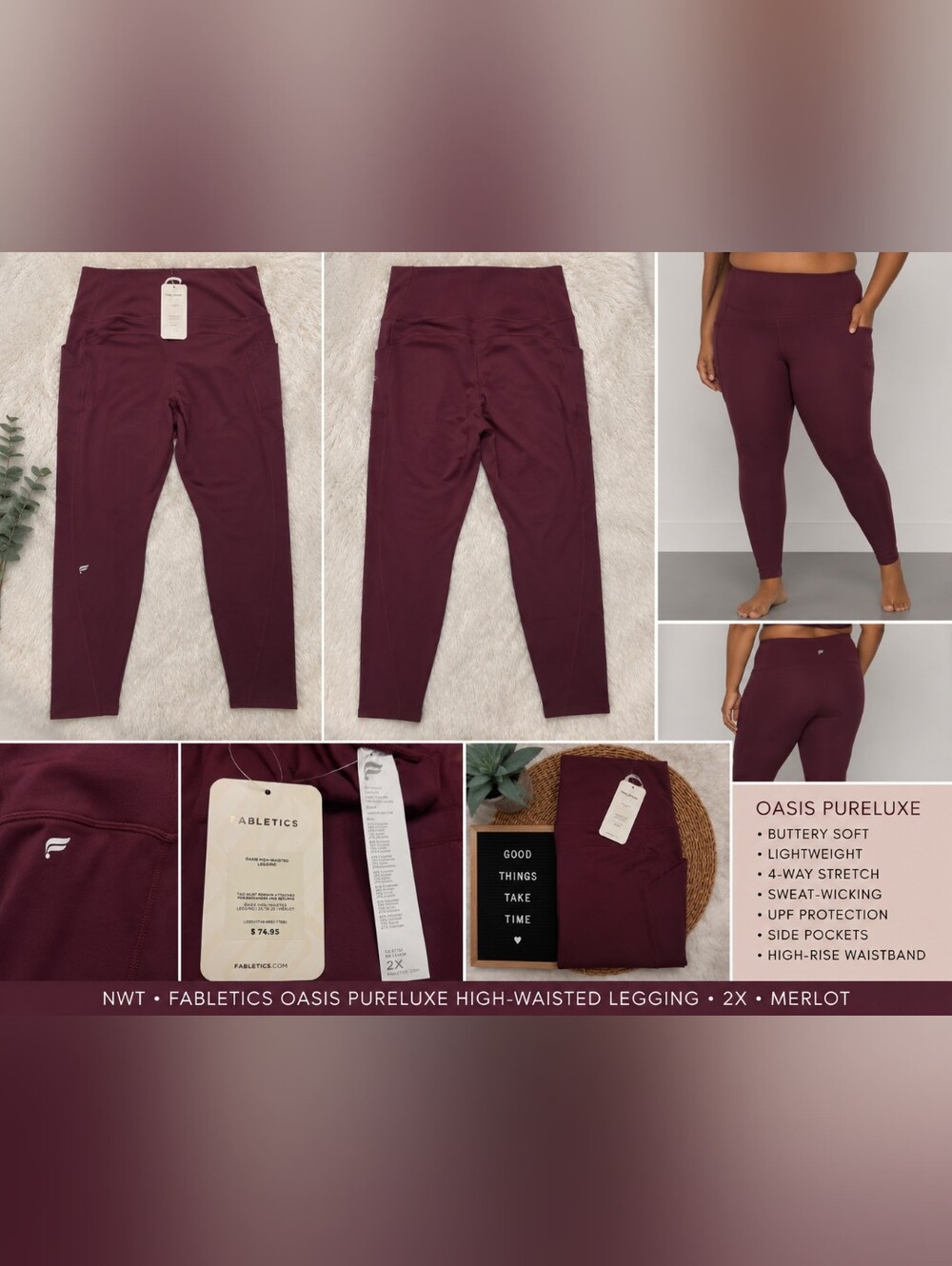 NWT Fabletics Oasis PureLuxe High-Waisted Leggings 2X Merlot